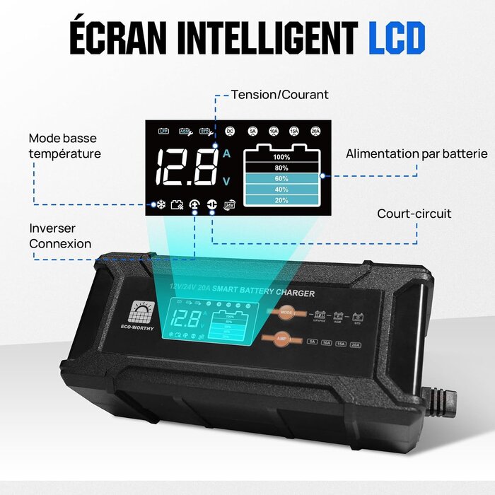 Chargeur Intelligent 12V/24V 20A - LiFePO4, AGM, Gel - 34% de remise