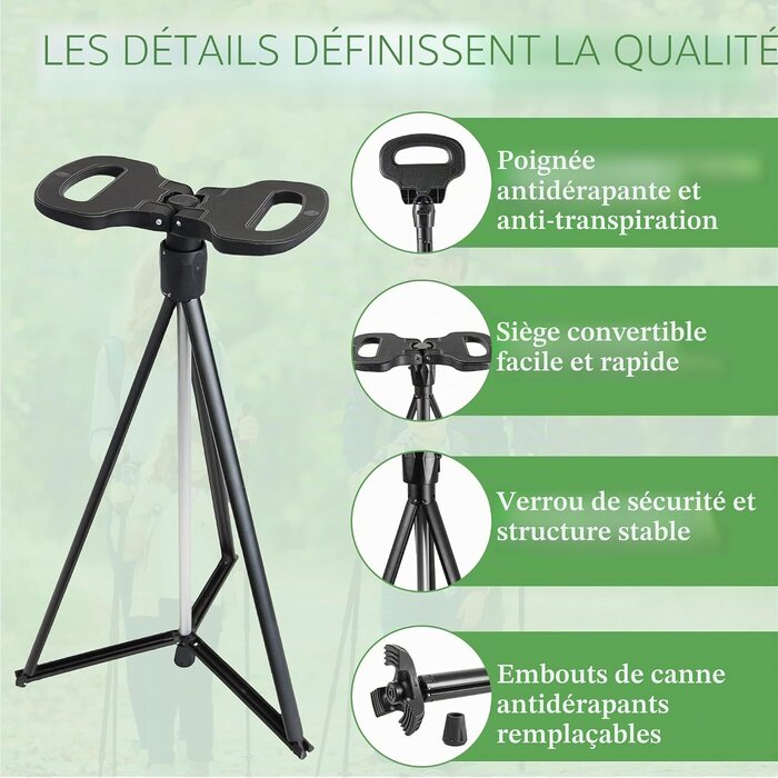 Canne siège pliable en aluminium - 86 cm - Noir - 34% de remise