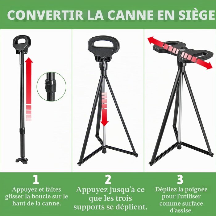 Canne siège pliable en aluminium - 86 cm - Noir - 34% de remise
