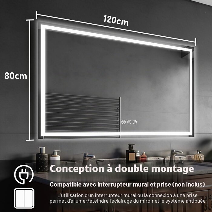 Miroir LED 80x120cm Antibuee - Intensité réglable - 34% de remise