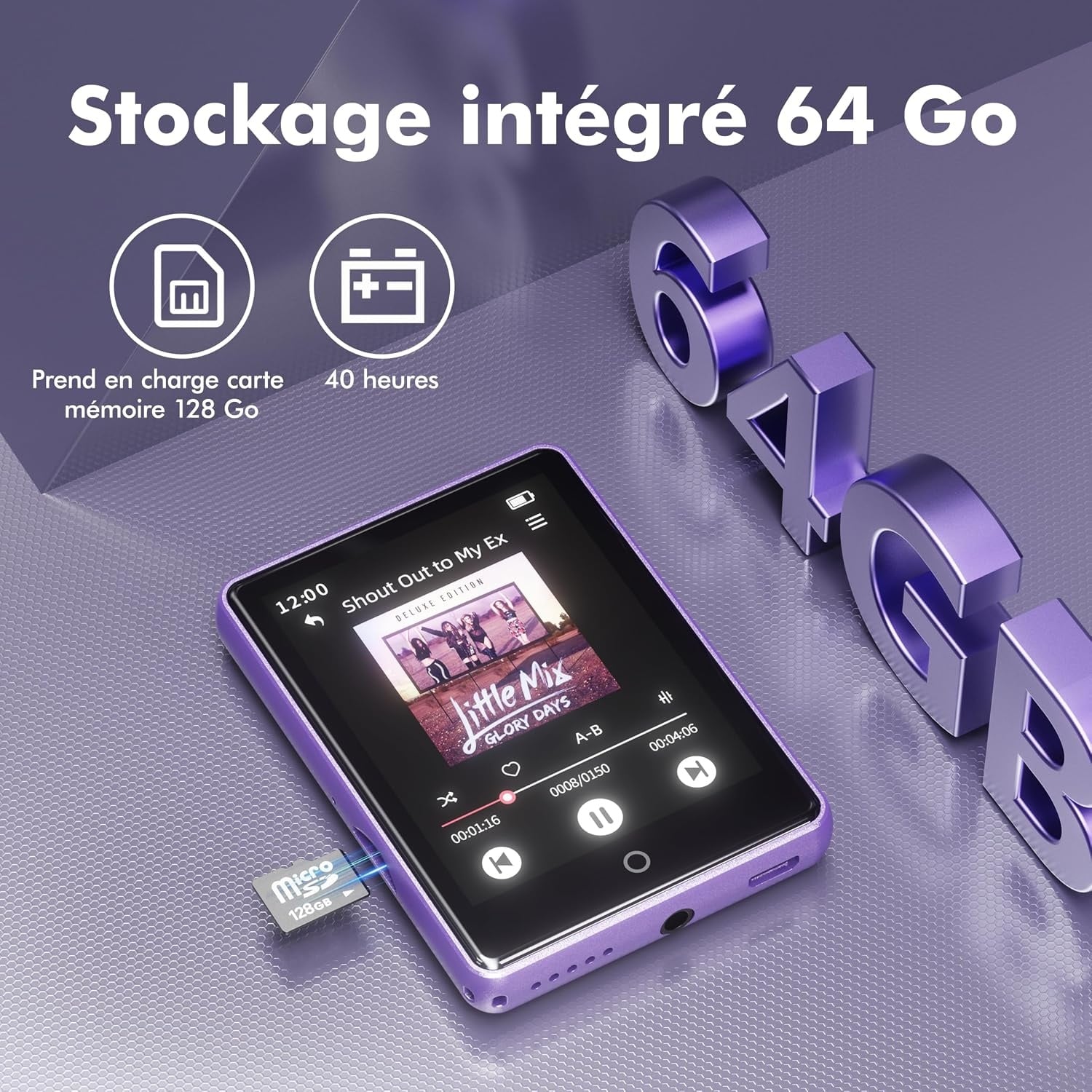 Lecteur MP3/MP4 64 Go Tactile Bluetooth 5.3 Violet - 28% de remise