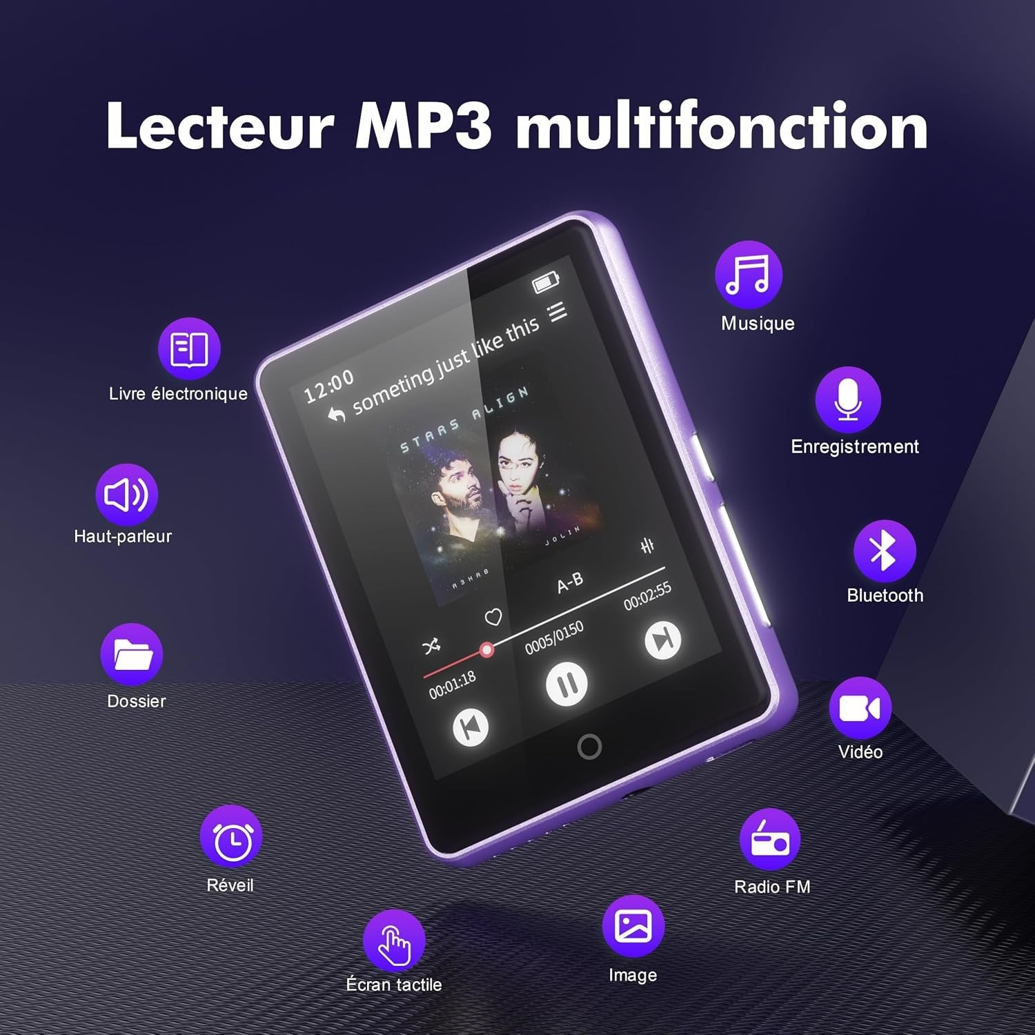 Lecteur MP3/MP4 64 Go Tactile Bluetooth 5.3 Violet - 28% de remise