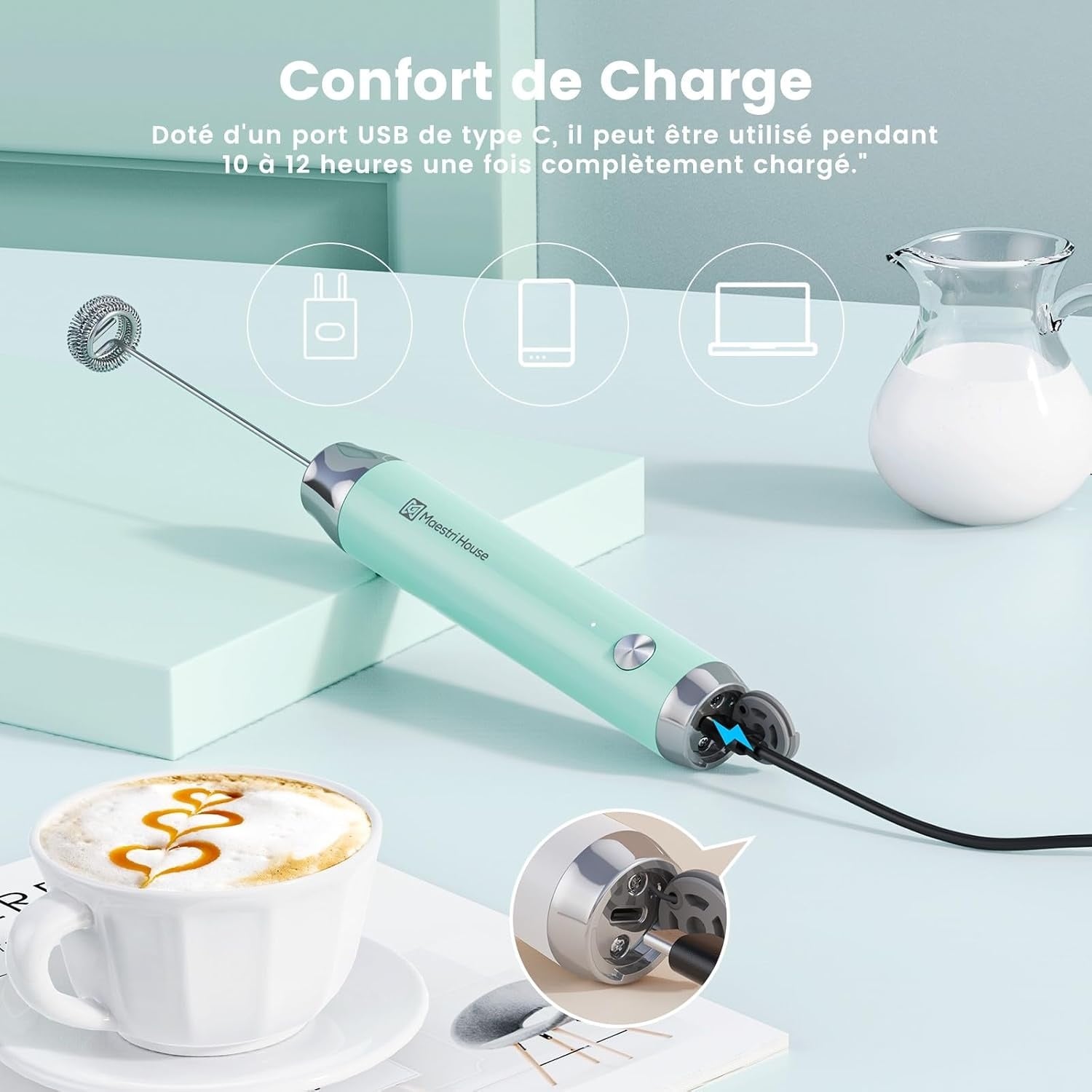 Mousseur à lait électrique rechargeable bleu - 31% de remise