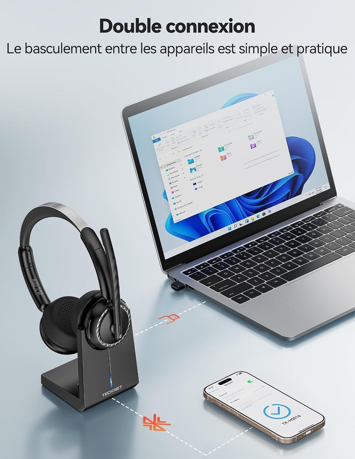 Casque sans fil avec micro et base de charge - Noir - 33% de remise