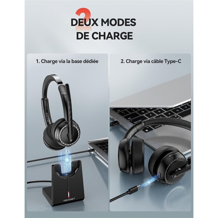 Casque sans fil avec micro et base de charge - Noir - 33% de remise