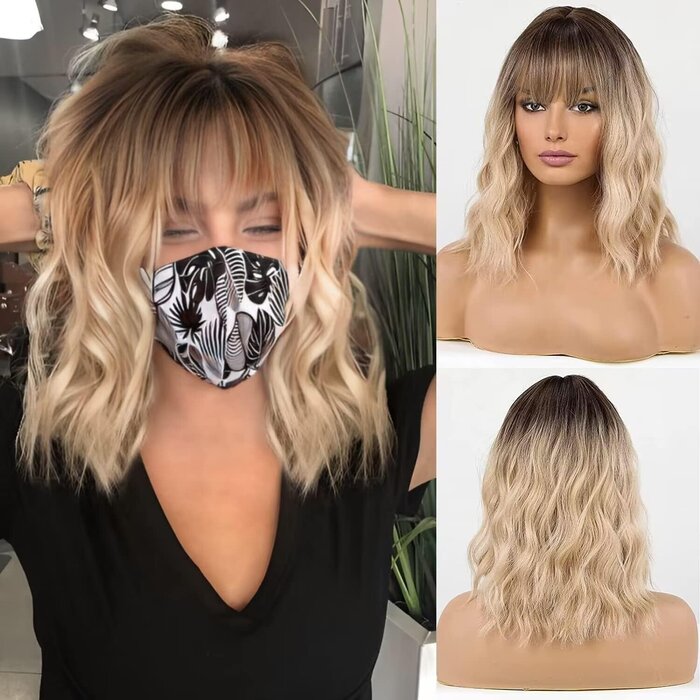 Perruque courte blonde racines noires - Fibre synthétique - 33% de remise