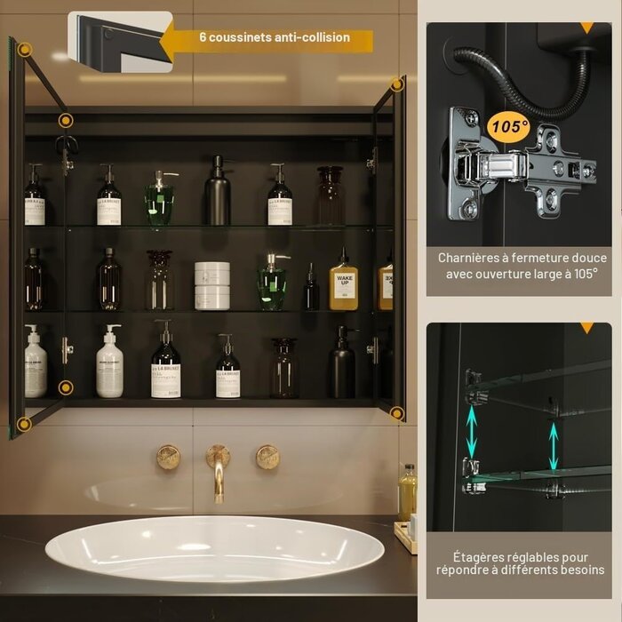 Armoire de toilette LED 80x70 cm noire - 35% de remise