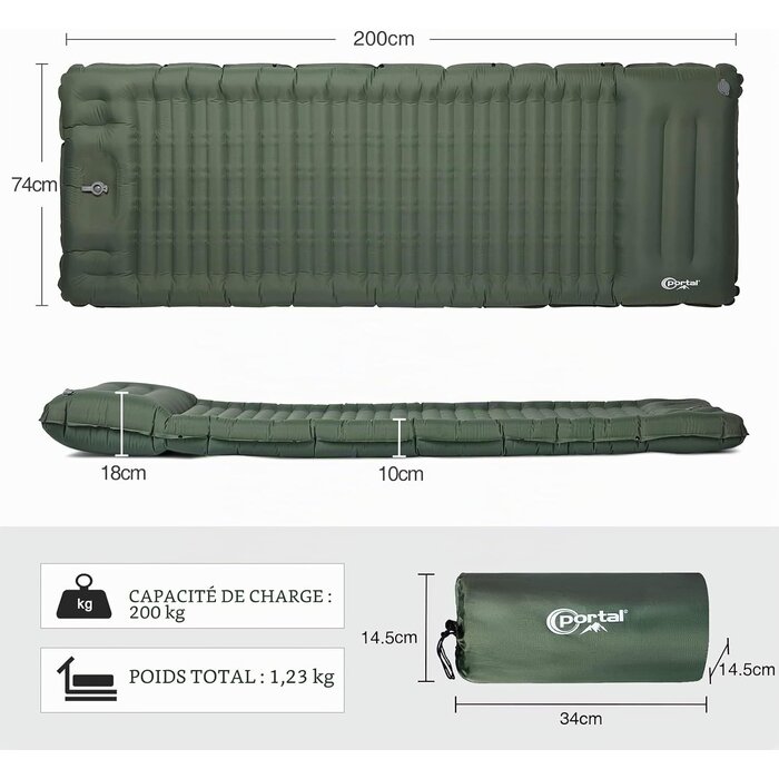 Matelas de camping gonflable 10 cm - Vert Kaki - 32% de remise
