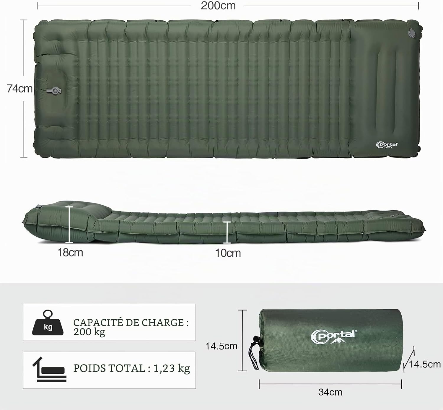 Matelas de camping gonflable 10 cm - Vert Kaki - 32% de remise