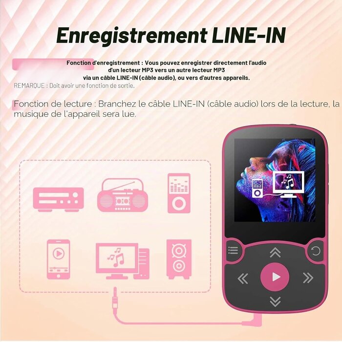 Lecteur MP3 Sport 64 Go Bluetooth 5.3 Magenta - 33% de remise