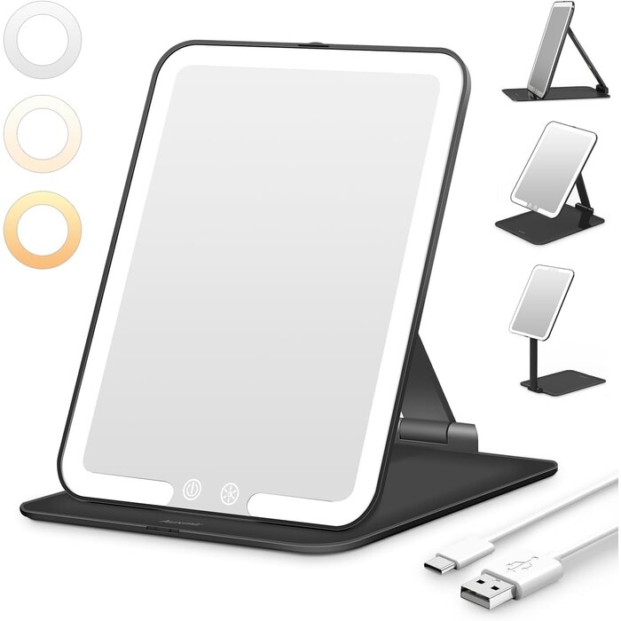 Miroir de maquillage LED pliable - Noir - 30% de remise