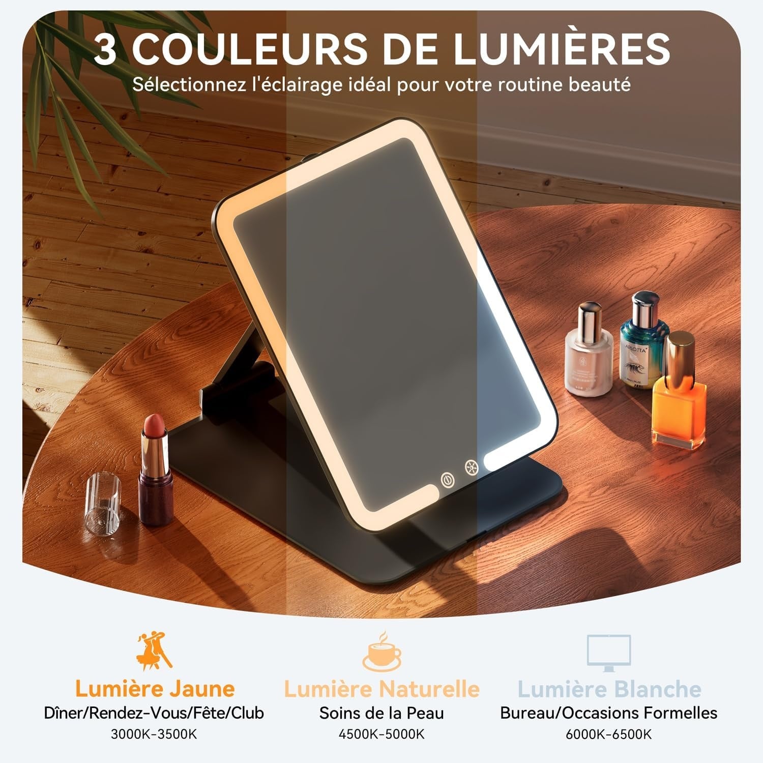 Miroir de maquillage LED pliable - Noir - 30% de remise