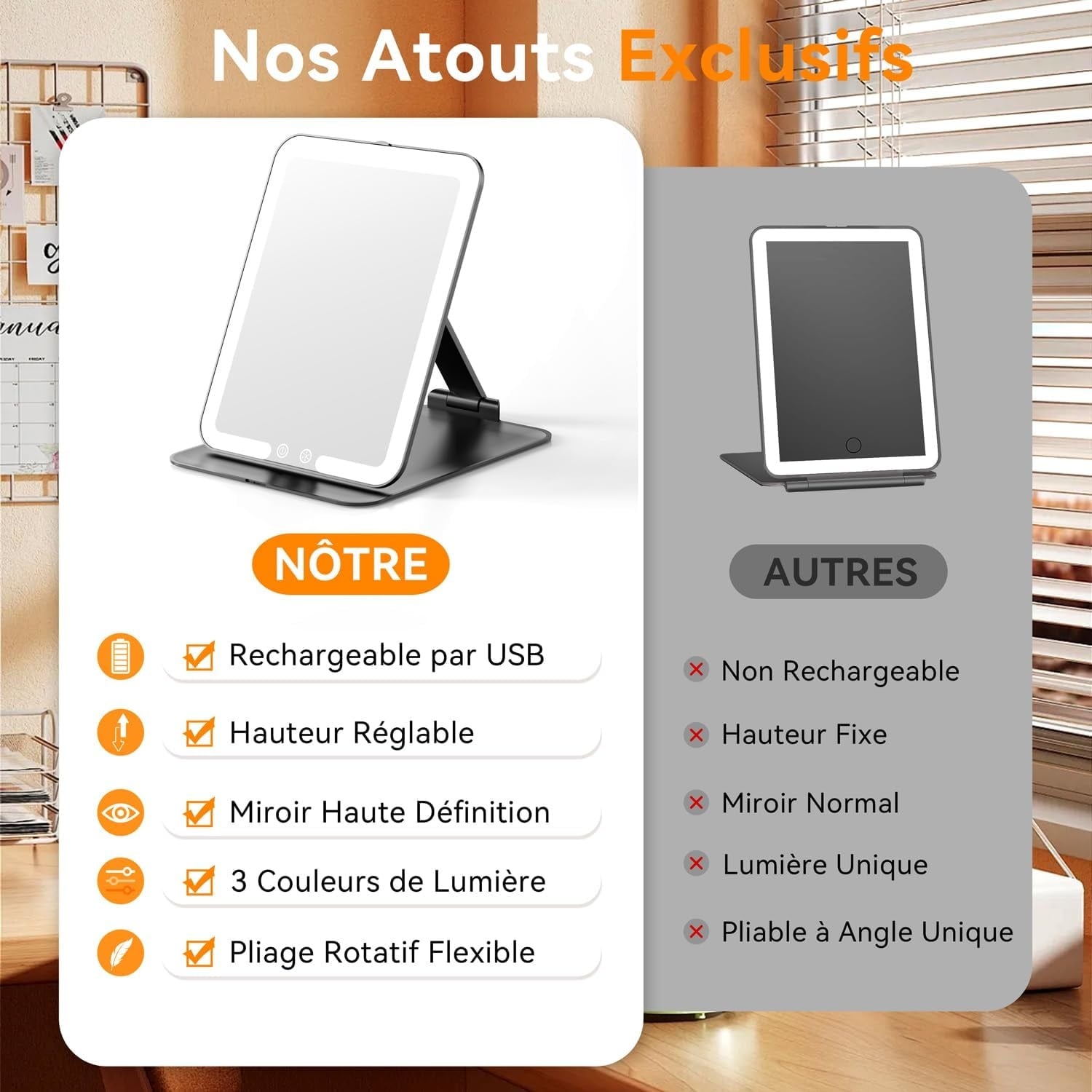 Miroir de maquillage LED pliable - Noir - 30% de remise