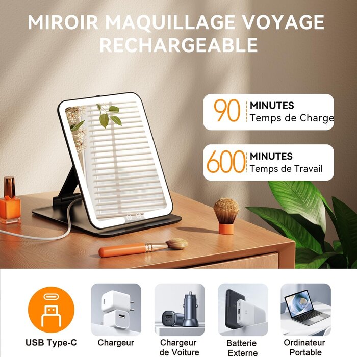 Miroir de maquillage LED pliable - Noir - 30% de remise