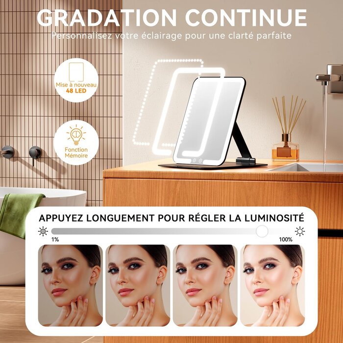 Miroir de maquillage LED pliable - Noir - 30% de remise