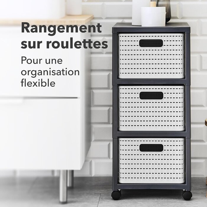 Caisson à roulettes 3 tiroirs aspect rotin blanc - 32% de remise