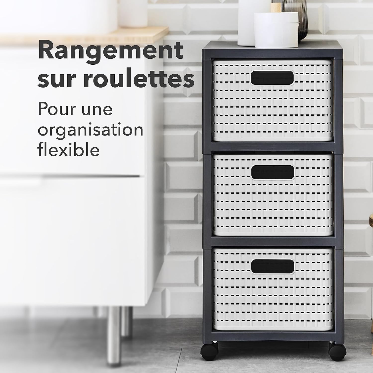 Caisson à roulettes 3 tiroirs aspect rotin blanc - 32% de remise