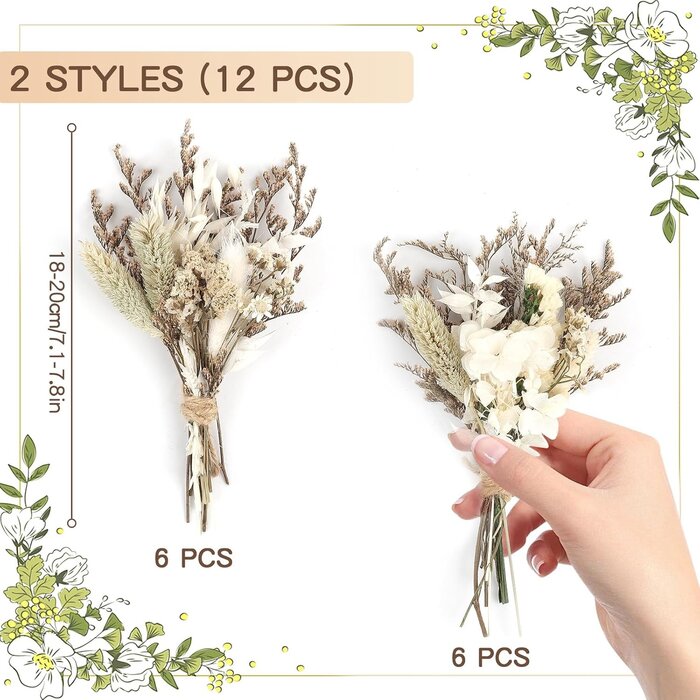 Lot de 12 mini-bouquets de fleurs séchées, 18-20 cm, Blanc - 29% de remise