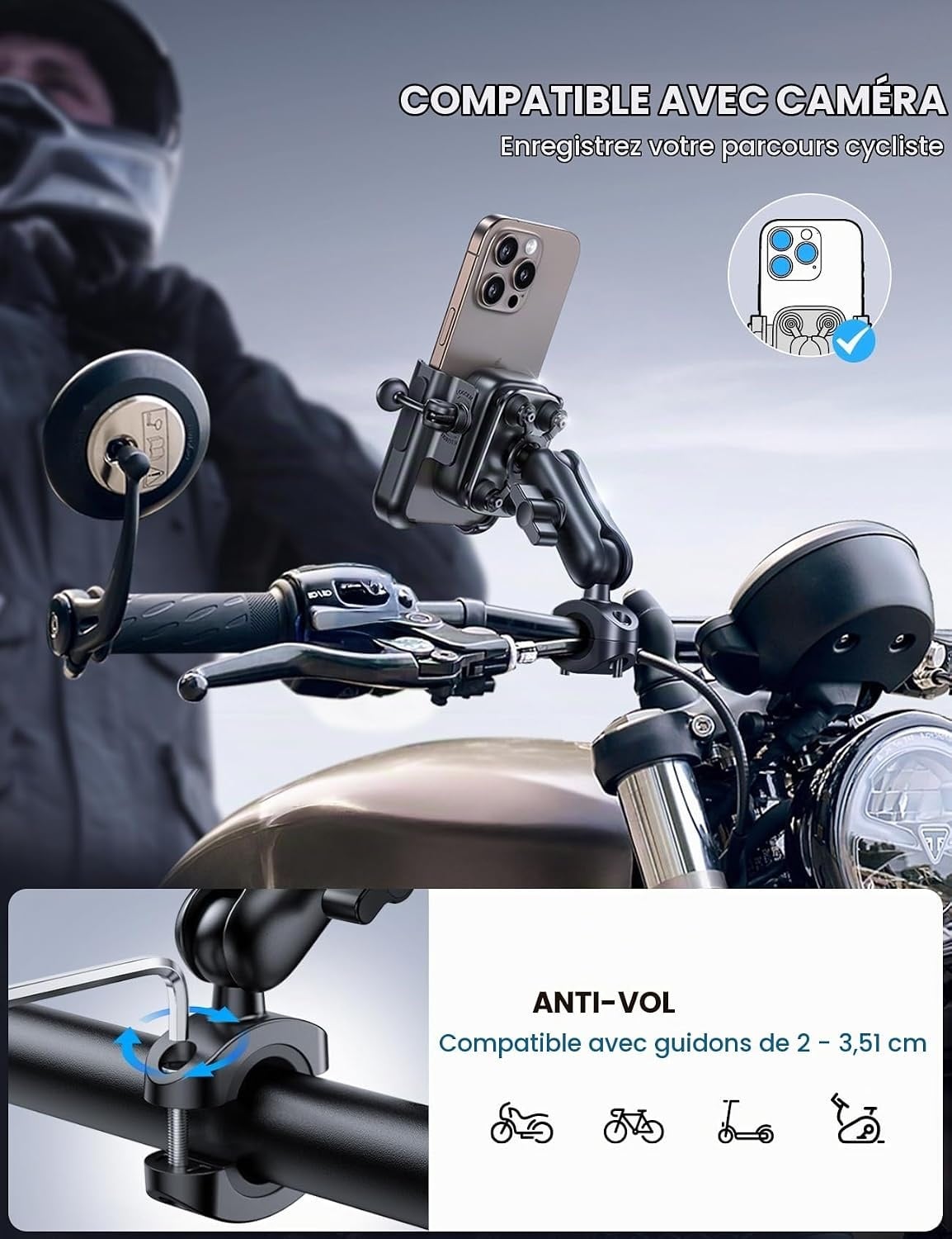 Support téléphone moto alu - 33% de remise - Anti-vibrations & 360°