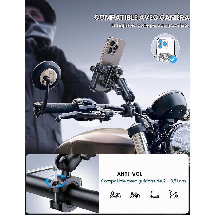 Support téléphone moto alu - 4,7-7,2 pouces - Noir - 33% de remise
