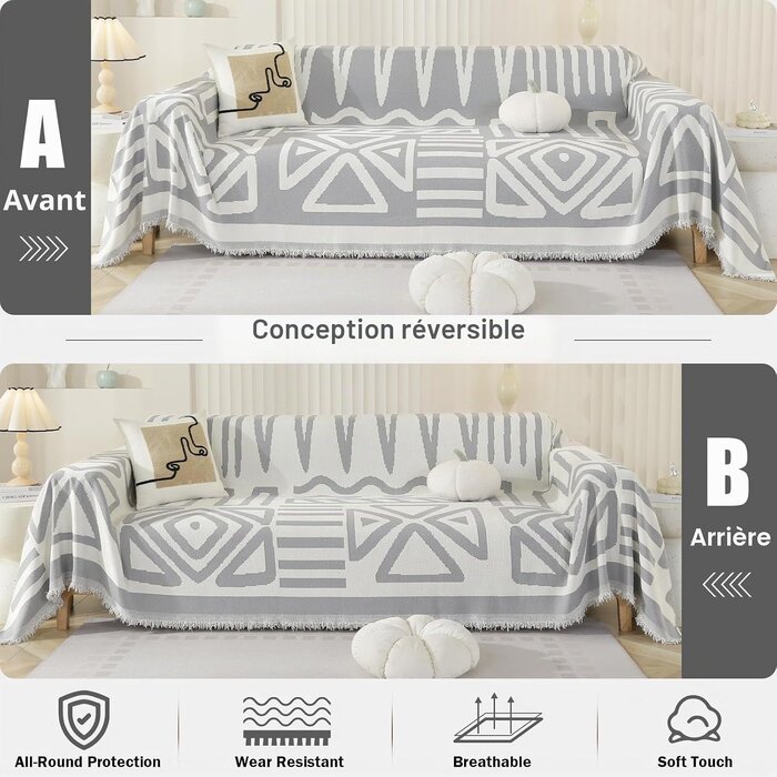 Housse de canapé chenille gris 180x340cm bohème - 33% de remise
