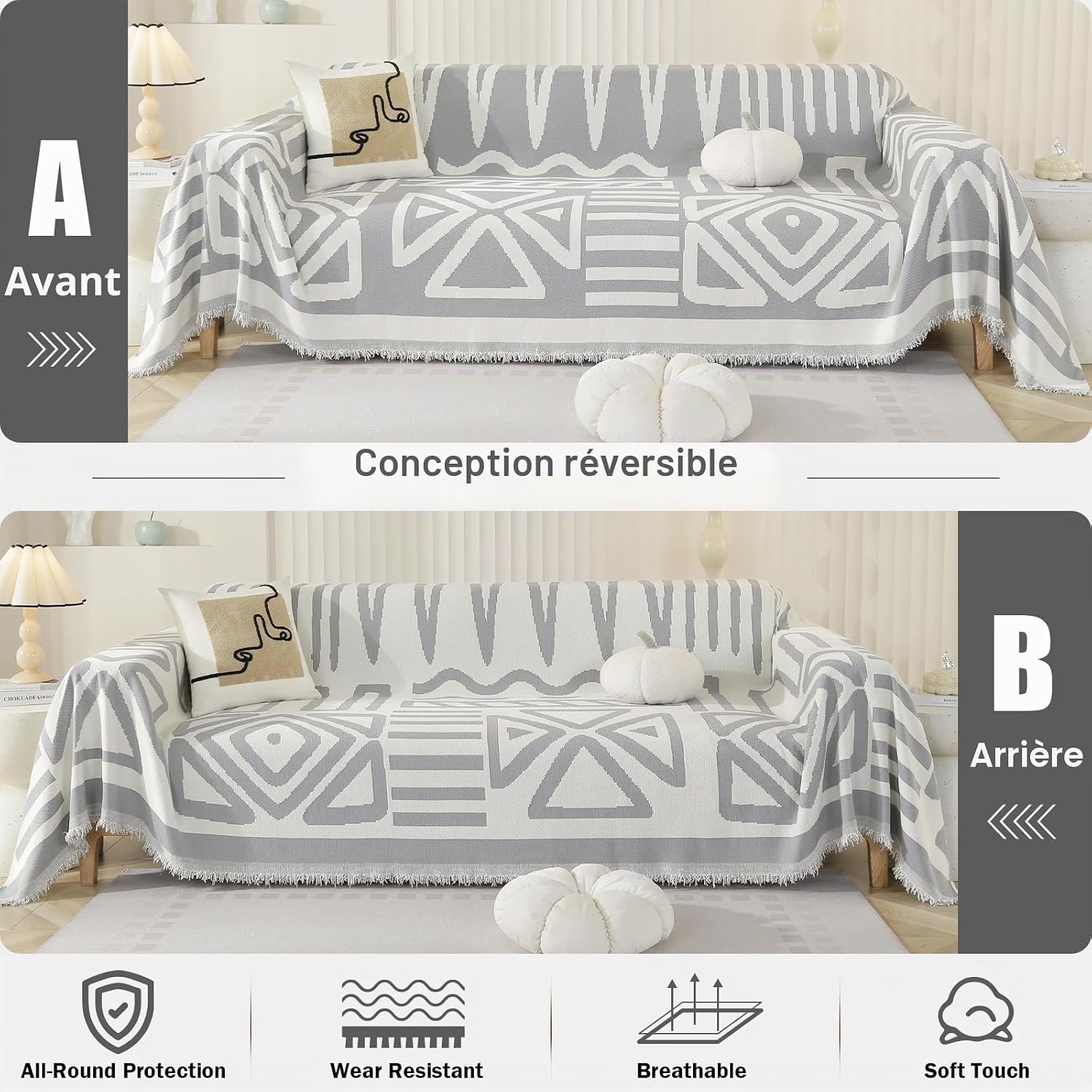 Housse de canapé chenille gris 180x340cm bohème - 33% de remise