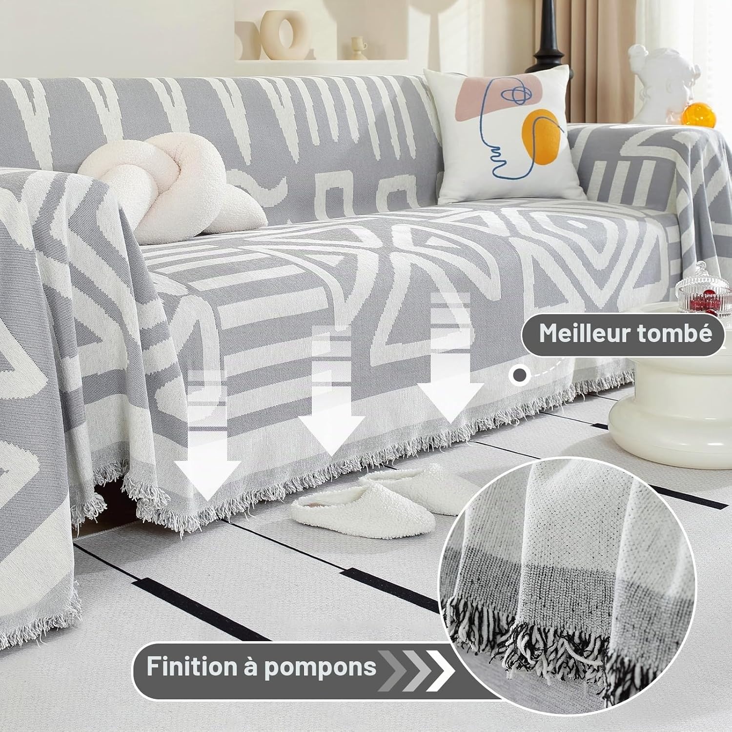Housse de canapé chenille gris 180x340cm bohème - 33% de remise
