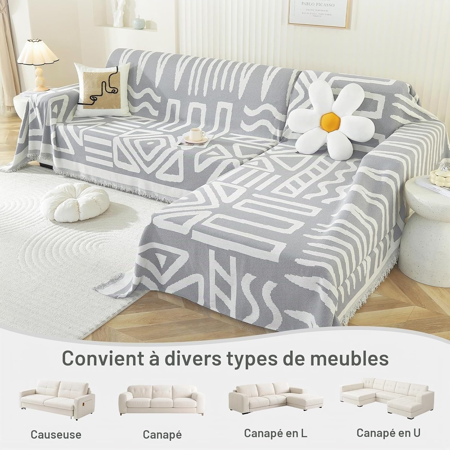 Housse de canapé chenille gris 180x340cm bohème - 33% de remise