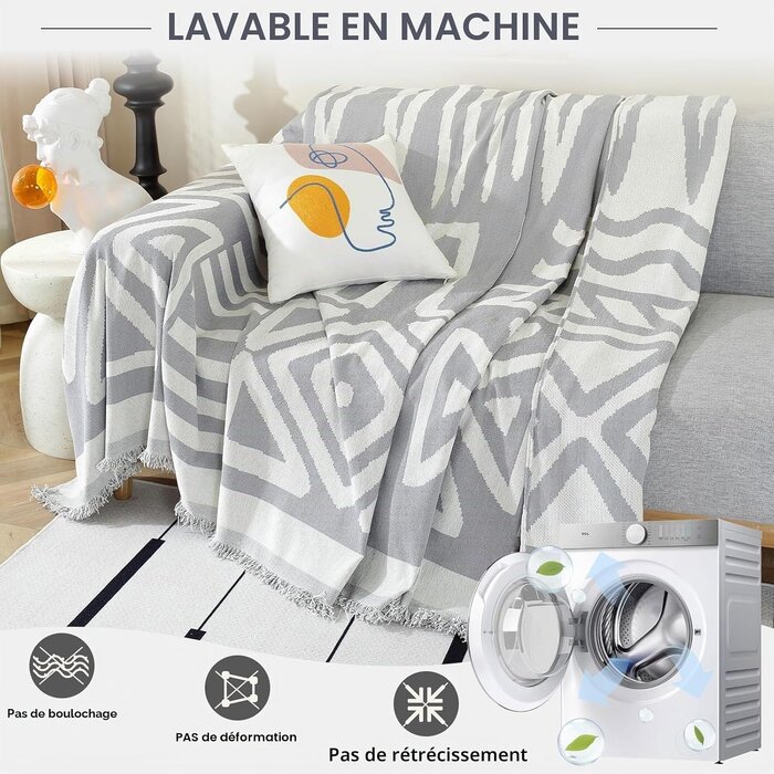 Housse de canapé chenille gris 180x340cm bohème - 33% de remise