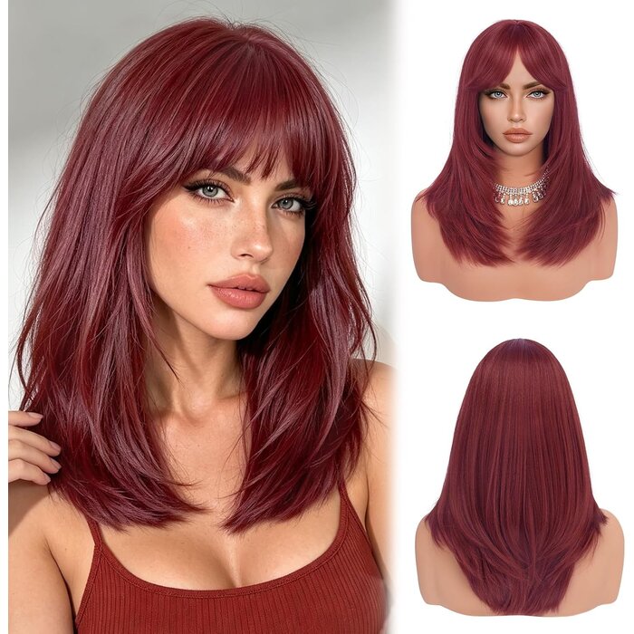 Perruque Longue Lisse Bordeaux avec Frange - 40 cm - 30% de remise