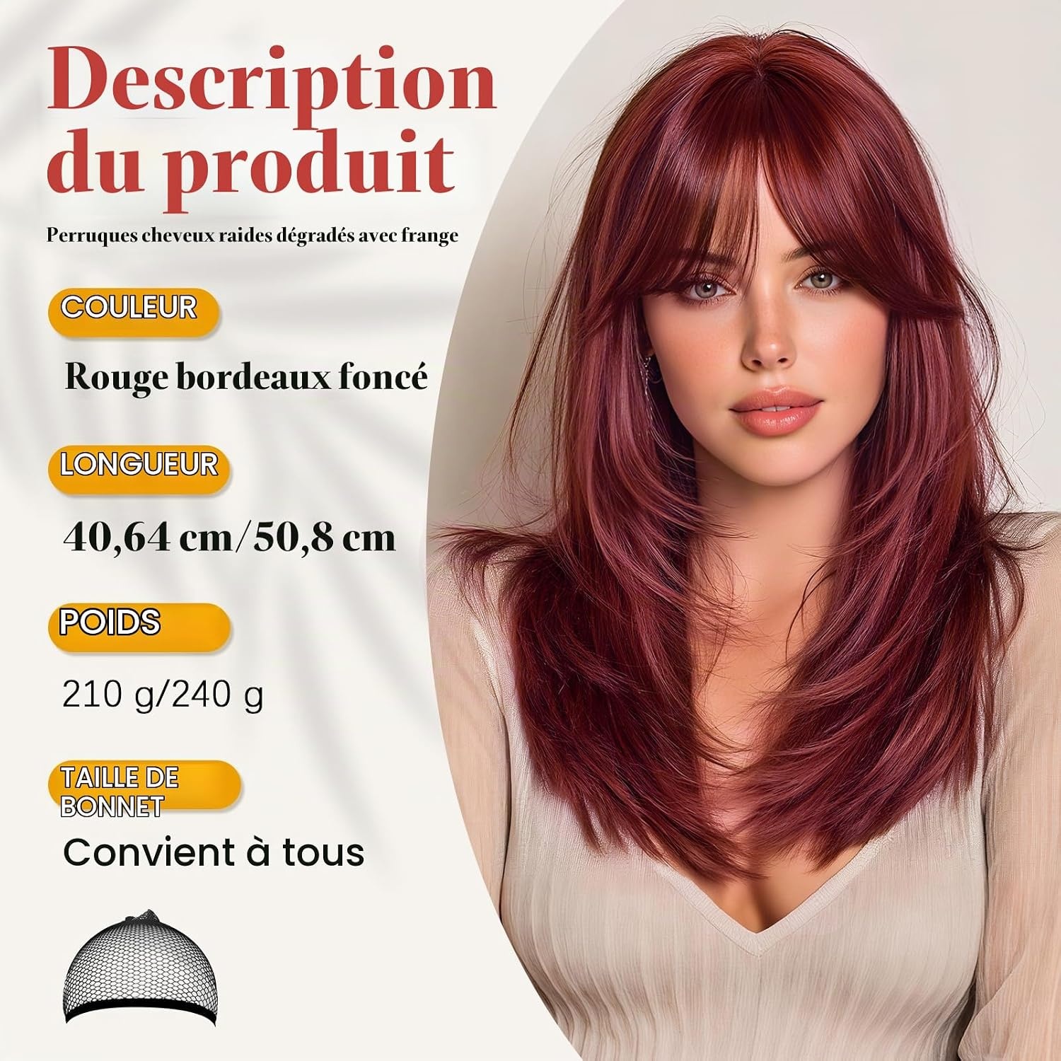 Perruque Longue Lisse Bordeaux avec Frange - 40 cm - 30% de remise