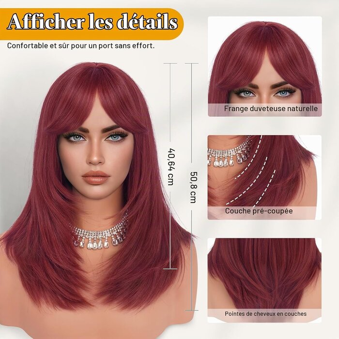 Perruque Longue Lisse Bordeaux avec Frange - 40 cm - 30% de remise