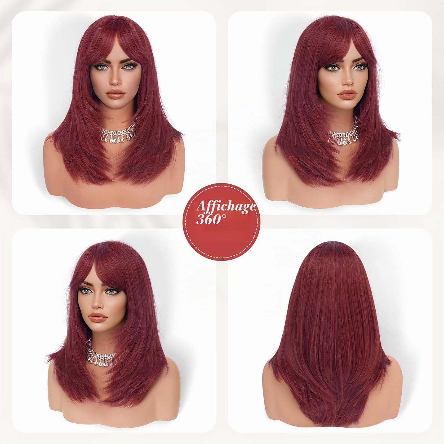 Perruque Longue Lisse Bordeaux avec Frange - 40 cm - 30% de remise