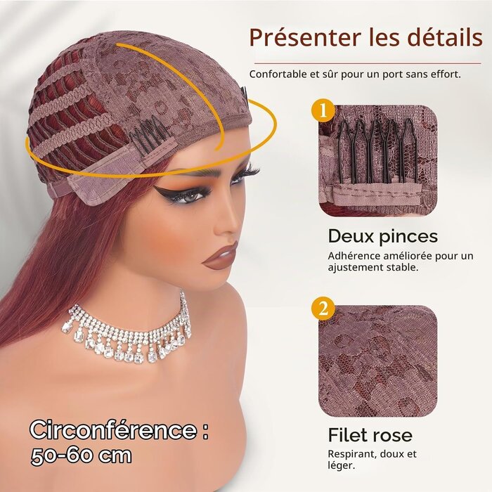 Perruque Longue Lisse Bordeaux avec Frange - 40 cm - 30% de remise