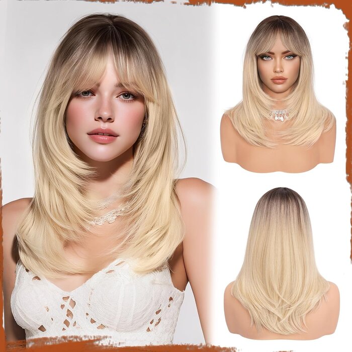 Perruque Longue et Lisse 50 cm Blond Clair avec Frange - 31% de remise