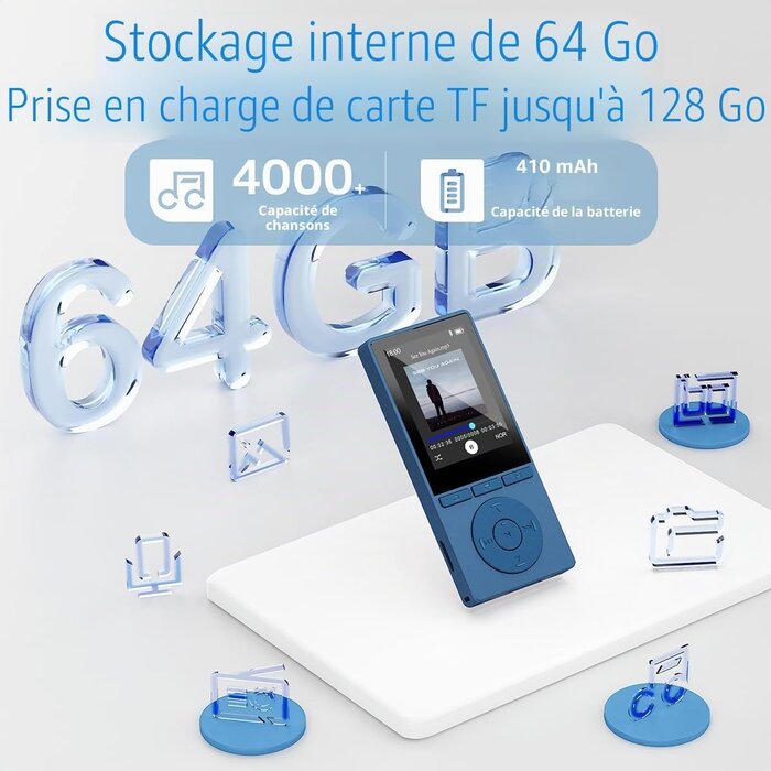 Lecteur MP3 64 Go Bluetooth 5.3 - Bleu - 32% de remise