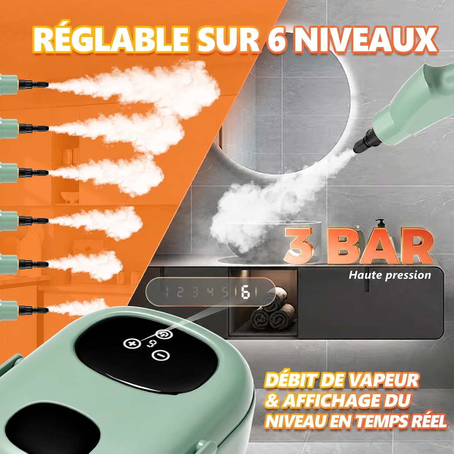 Nettoyeur vapeur 2500W - 1,1L - Écran tactile - Vert - 33% de remise
