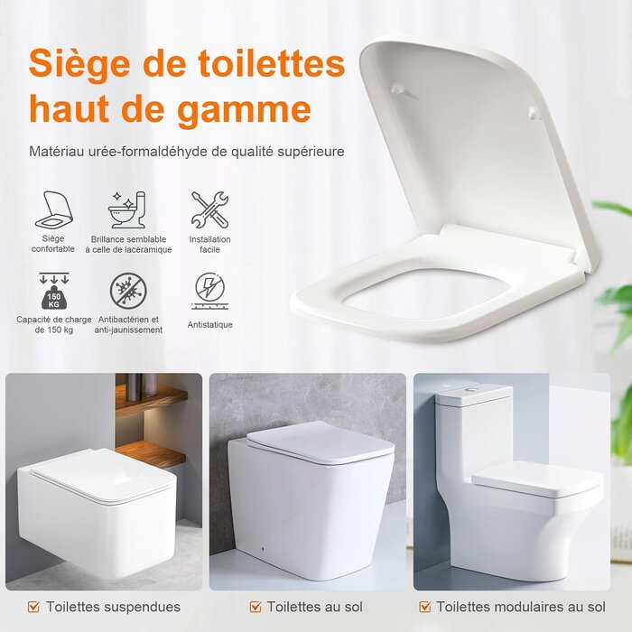 Abattant WC carré à frein de chute - 32% de remise - 461x351 mm