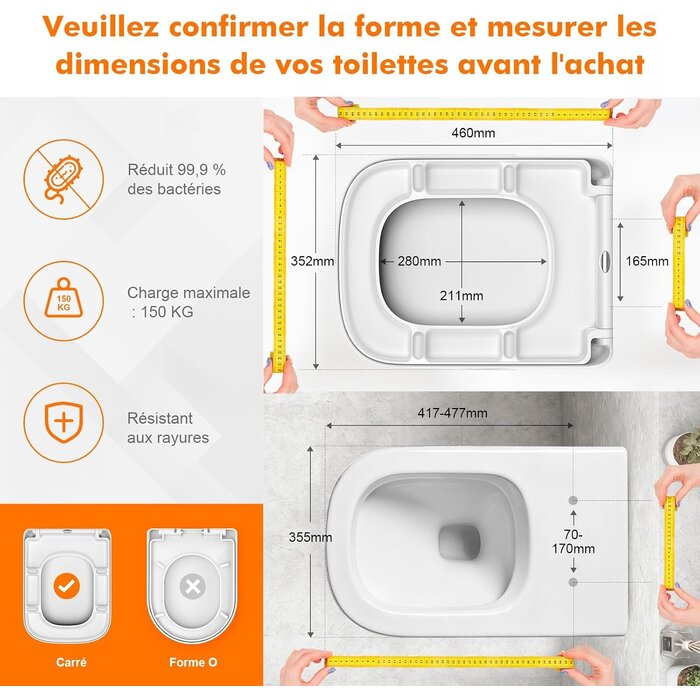 Abattant WC carré à frein de chute - 32% de remise - 461x351 mm