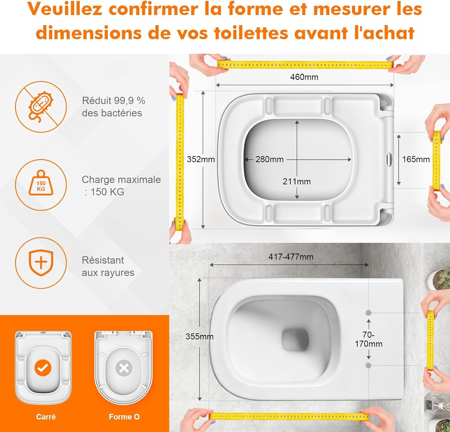 Abattant WC carré à frein de chute - 32% de remise - 461x351 mm