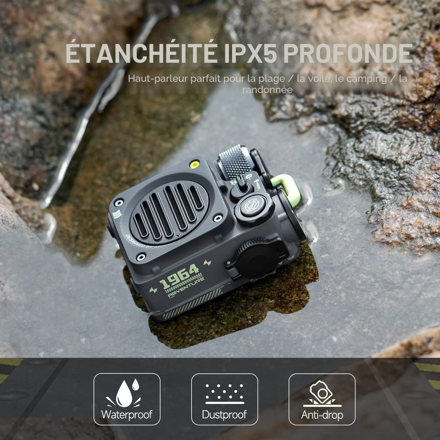 Mini Enceinte Bluetooth Étanche avec Lampe - Gris - 34% de remise