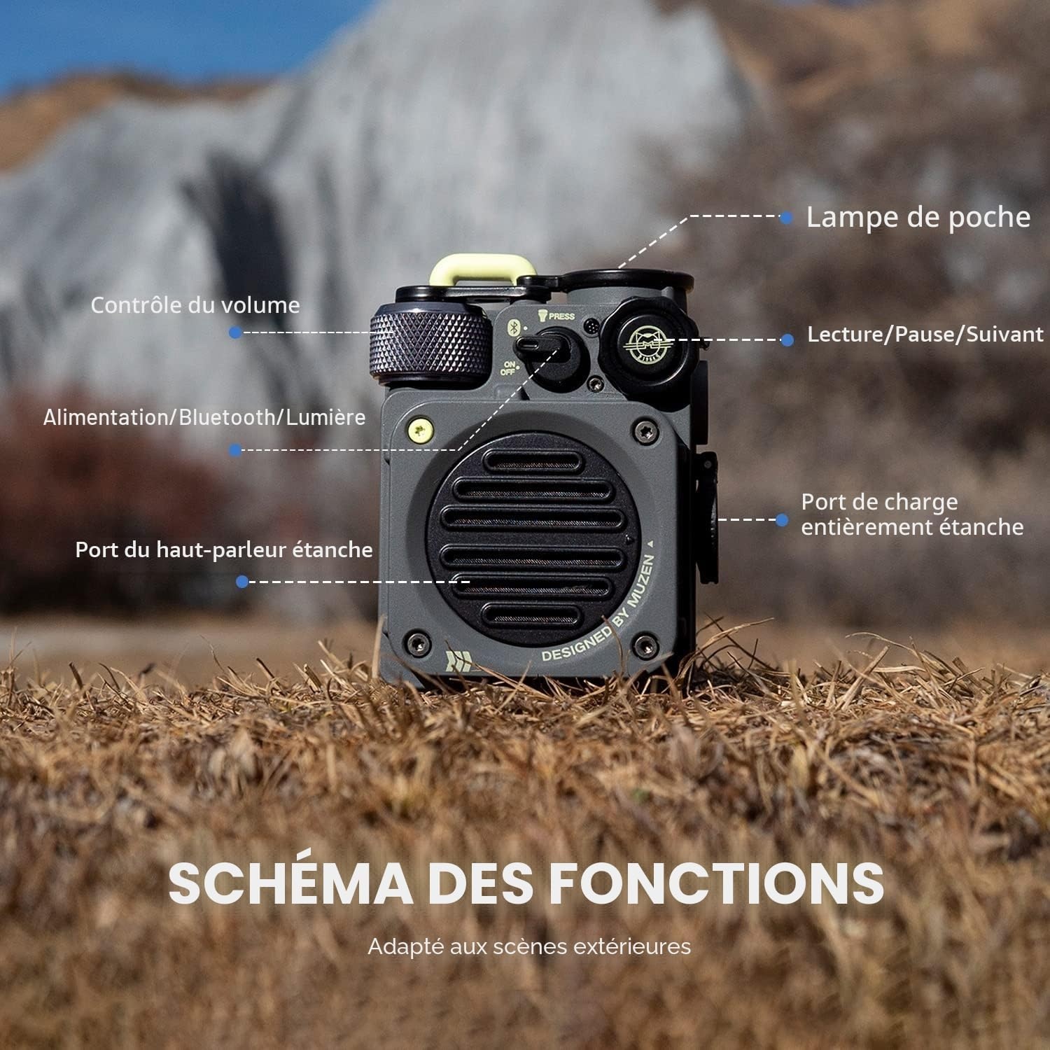 Mini Enceinte Bluetooth Étanche avec Lampe - Gris - 34% de remise