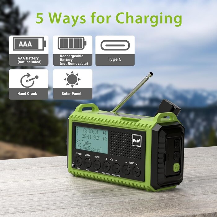 Radio d'urgence solaire DAB+ FM 5000mAh - Vert et noir, Taille S - 33% de remise