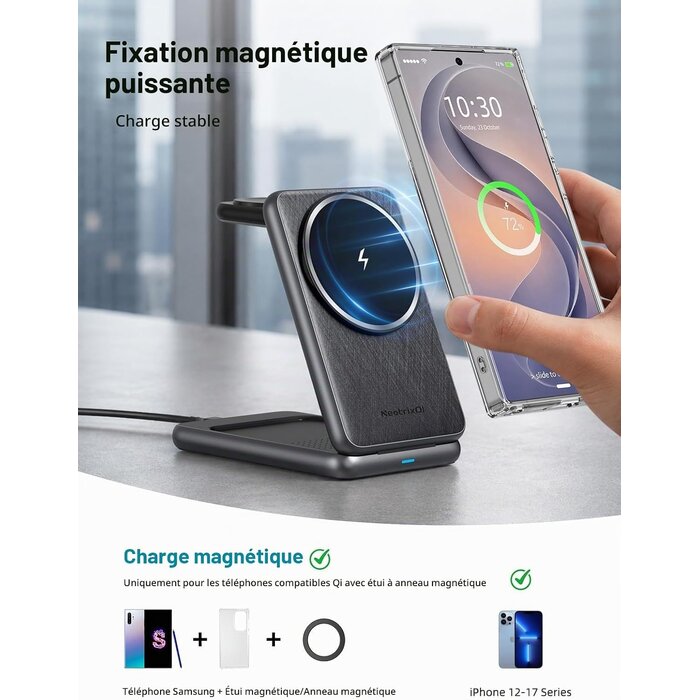 Chargeur sans fil 3-en-1 pliable magnétique Donker grijs taille S - 32% de remise