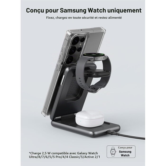 Chargeur sans fil 3-en-1 pliable magnétique Donker grijs taille S - 32% de remise