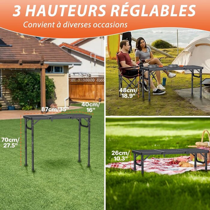 Table de camping pliante 87x40cm - 3 hauteurs - 33% de remise - Noir
