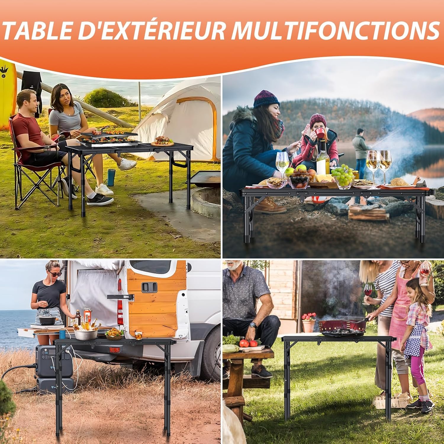 Table de camping pliante 87x40cm - 3 hauteurs - 33% de remise - Noir