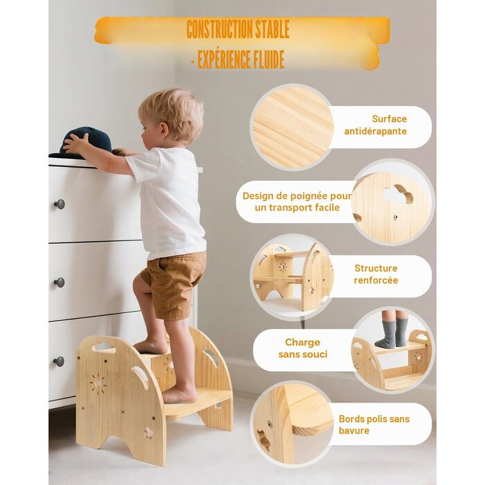 Escabeau enfant 2 marches bois jaune - 27% de remise