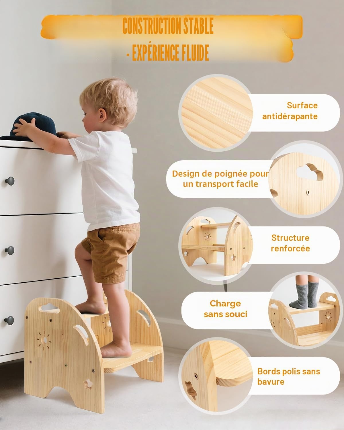 Escabeau enfant 2 marches bois jaune - 27% de remise