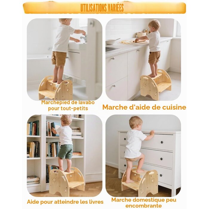 Escabeau enfant 2 marches bois jaune - 27% de remise